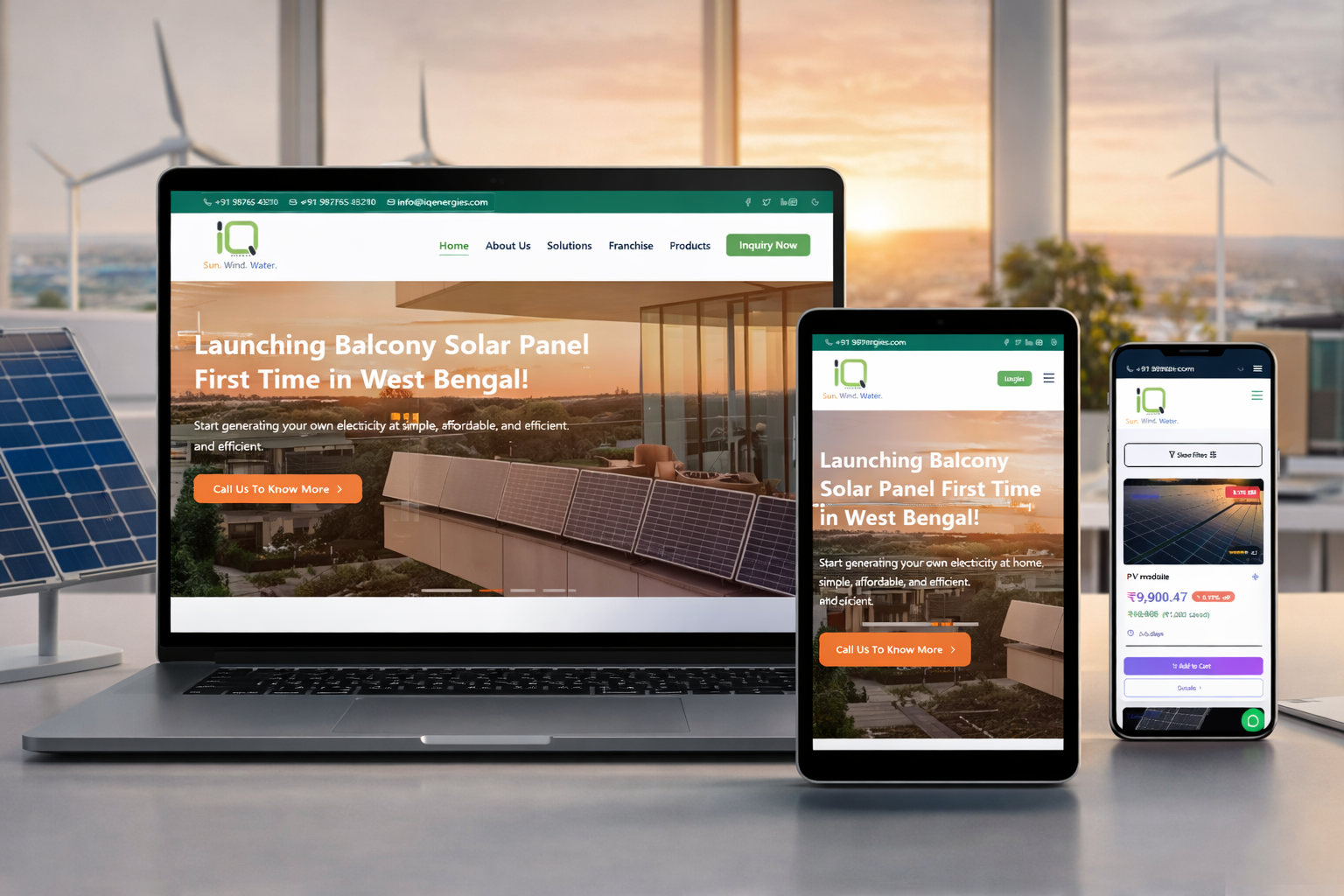 
                Responsive IQ Energies renewable energy website interface shown across laptop, tablet, and mobile devices with solar and wind energy office background                